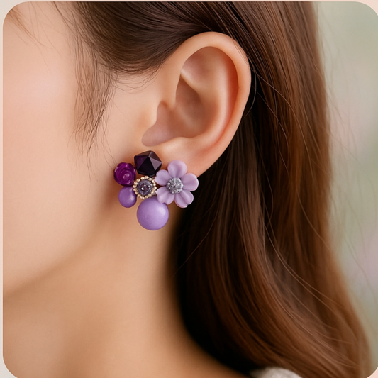 Purple Flower Collage Statement Earrings