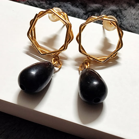 Golden Orbit Black Pearl Drop Earrings