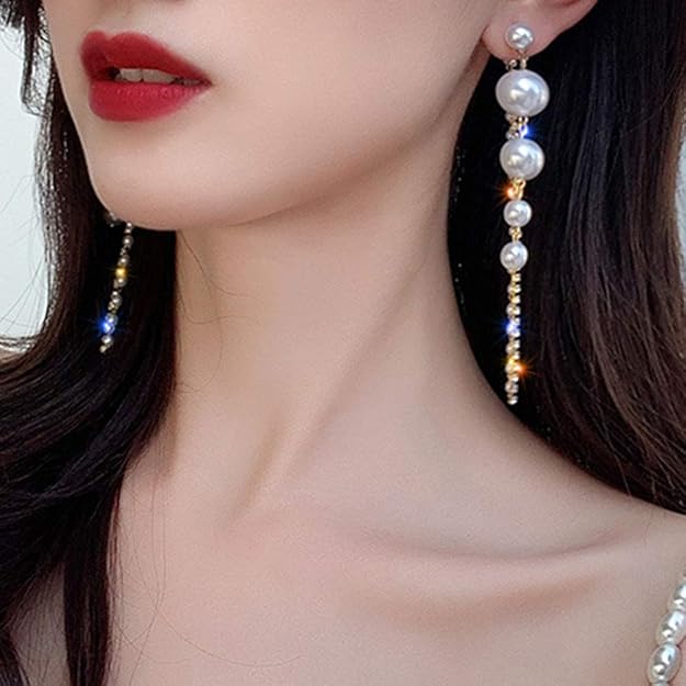 Long Pearl Dangle Tassel  Trendy Korean Fashion Earrings