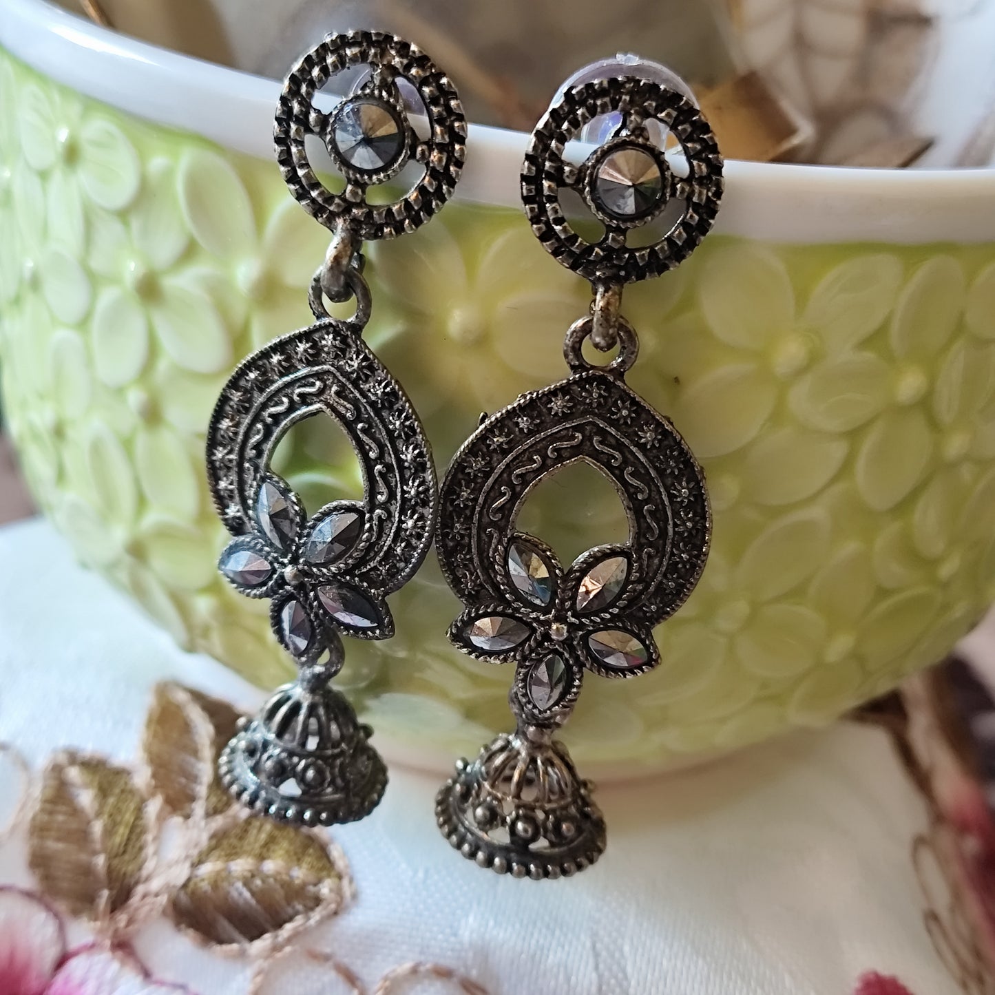 Oxidized Ethinic Floral Dangler Earring