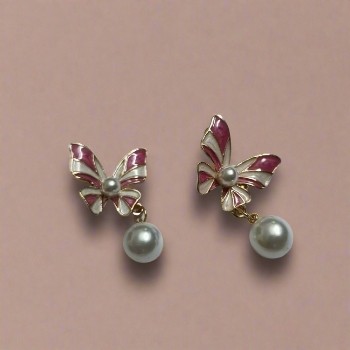 Pink Pearl Butterfly Drop Trendy Korean Fashion  Earrings
