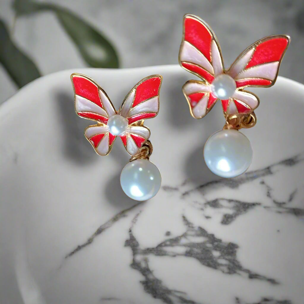 Red Pearl Butterfly Drop Korean Fashion Earrings