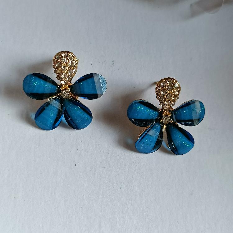 Royal Blue Floral Rhinestone Stud Statement Korean Fashion Earrings