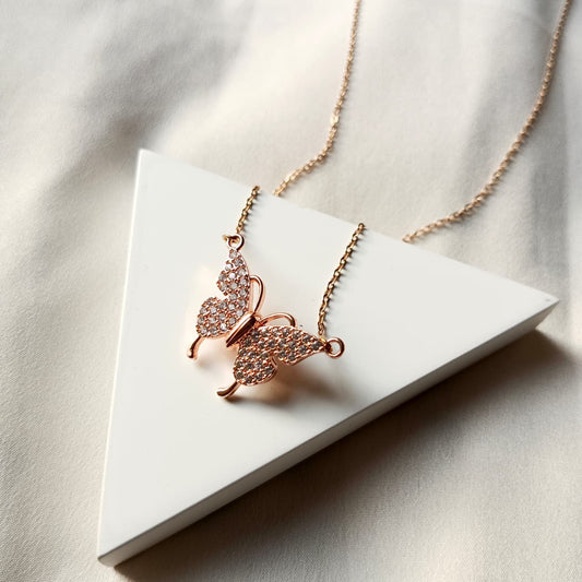 Rosr Gold Crystal Butterfly Necklace