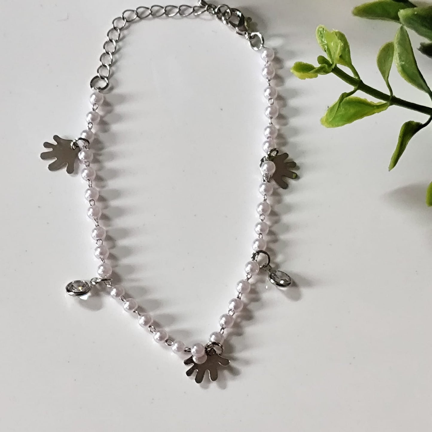 White Pearl Beads with Silver Hand Anklet