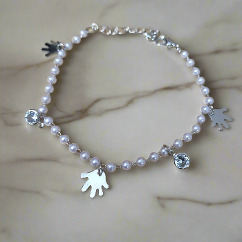 White Pearl Beads with Silver Hand Korea Style Anklet