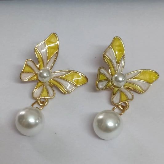 Yellow Pearl Butterfly Drop Korean Fashion Earrings